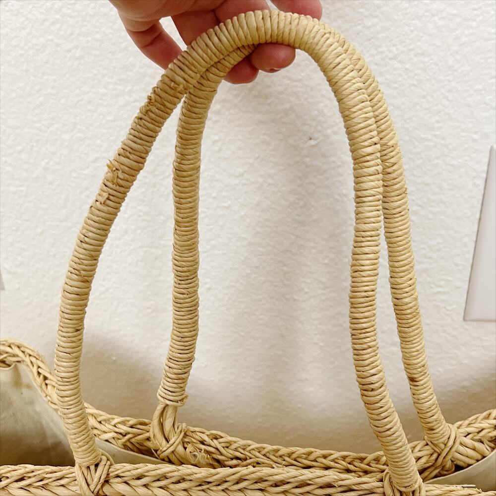 Vintage Woven Straw Tote Bag Boho Market Basket Painted Tribal Aztec Detail - Picture 8 of 11